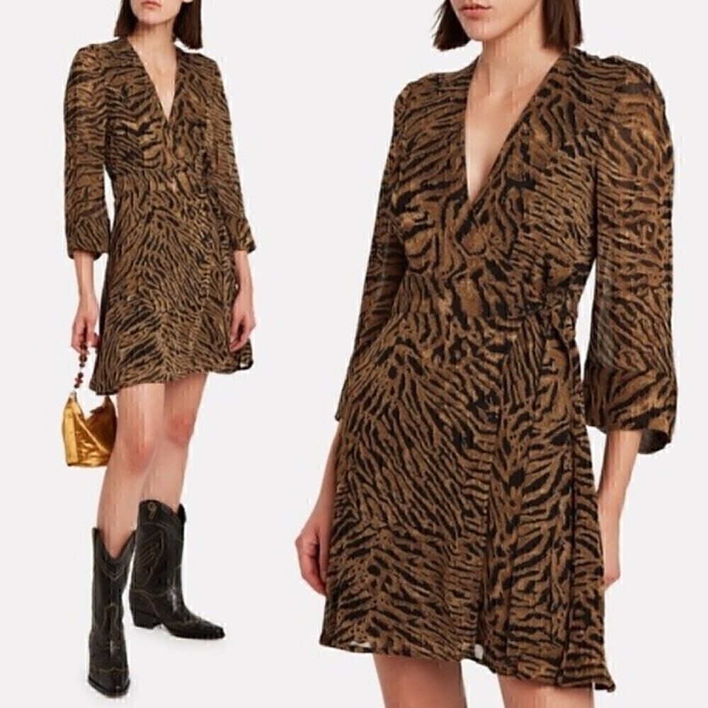 GANNI Tiger Print Brown Long Sleeve Wrap Dress